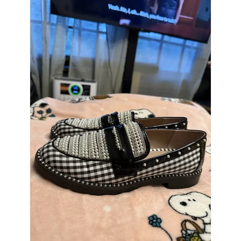 Betsey Johnson Women’s Loafer Flats Slip-On Gingham Pearl Studded 8.5M
